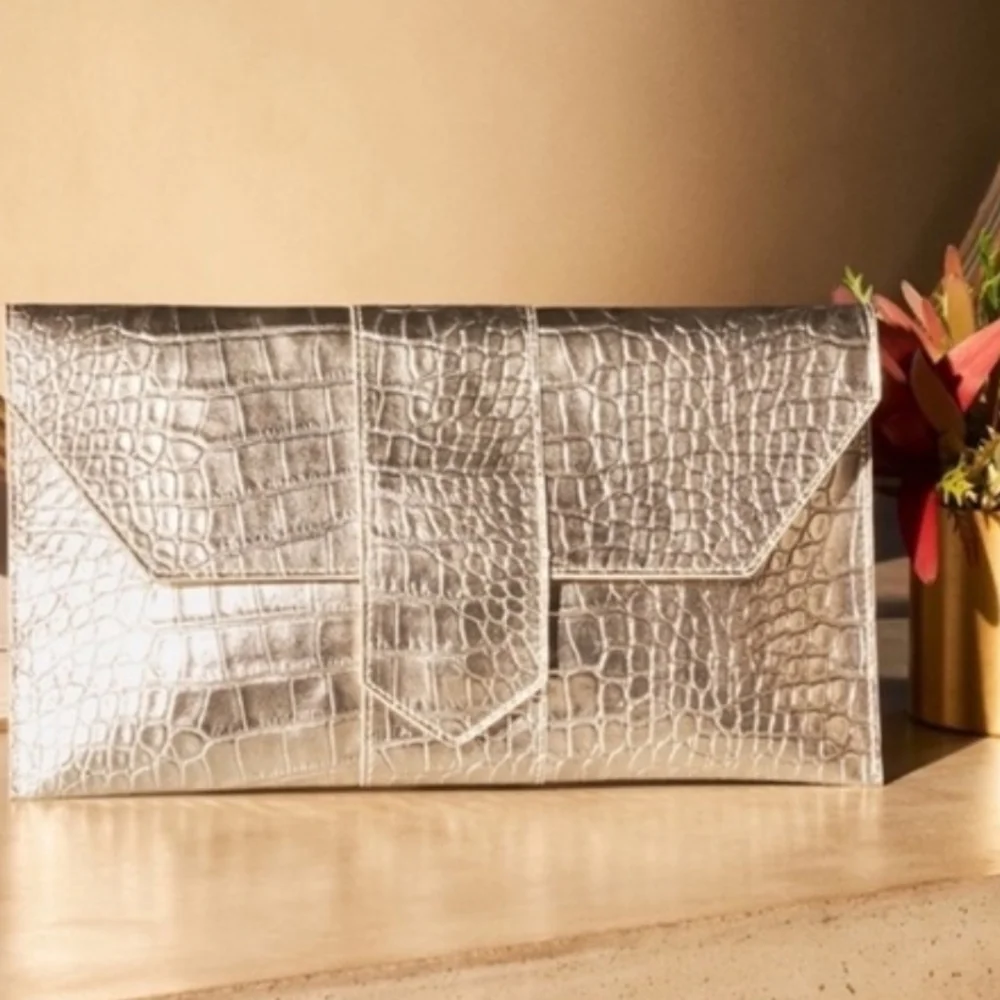 JJ Winters Nikki Metallic Croc-Embossed Envelope Clutch